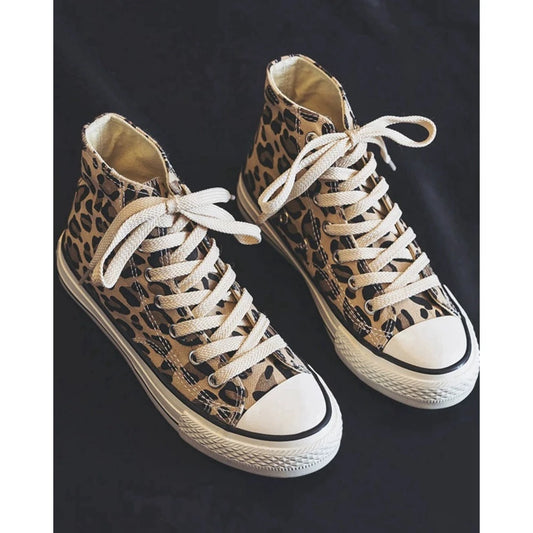 Women's New Leopard Print High-Top Cross Perforated Lace-Up Canvas Shoes - Korean Style Casual Sneakers