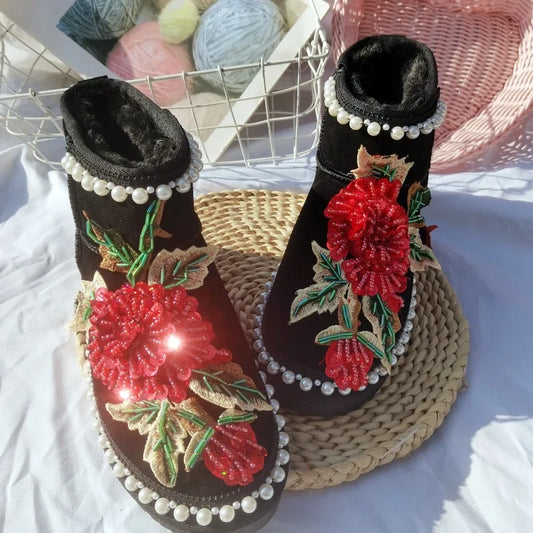 New 2024 Women Winter Boot Designer Australian Platform Boots  Warm Ankle Fur Booties Luxury Handmade Pearl Boots Big Size 45