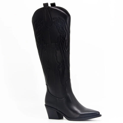 2024 Cowboy Boots for Women Embroidered Pointy Toe White Zipper Chunky Heeled Knee High Western Boots Shoes Black