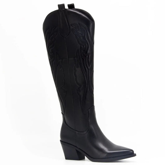 2024 Cowboy Boots for Women Embroidered Pointy Toe White Zipper Chunky Heeled Knee High Western Boots Shoes Black