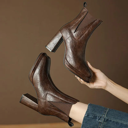 2024 Autumn/Winter Women Boots Round Toe High Heel Shoes for Women Leather Boots Women Handemade Shoes Ankle Boots Ladies Shoes