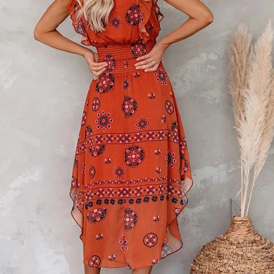 JO | Summer Women Vintage Pattern Smocked Ruffle Midi Dress