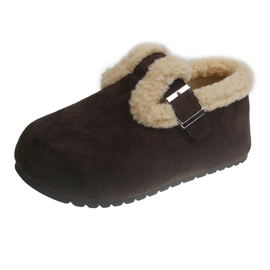 Solid Buckle Flats Round Toe Winter Slip-on Shoes Female 2024 High Quality Low Heel Shallow Novelty Flats Sapatos Baixos