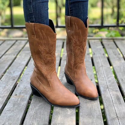 2024 Classic Embroidered Western Cowboy Boots for Women Leather Cowgirl Boots Low Heels Shoes Knee High Woman Boots Size36-43