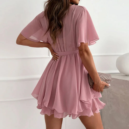 JO | White Chiffon Women Dress for Summer Short Sleeve Slim Fit Vintage Party Formal Midi Dress