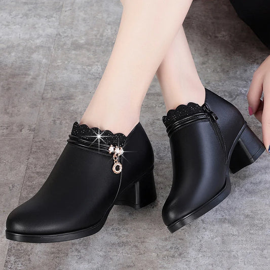 Solid Spring Autumn Women Fashion Pumps Thick High Heels Soft Comfortable Mam Zip Shallow Women Shoes