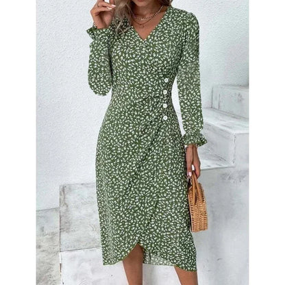 JO | Elegant floral pleated midi dress with puff sleeves and V-neckline