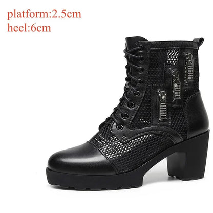 Small Size 32-43 Breathable Mesh Cutout Leather Boots Women's Platform Sandals Summer 2024 Block High Heels Ankle Boots Model