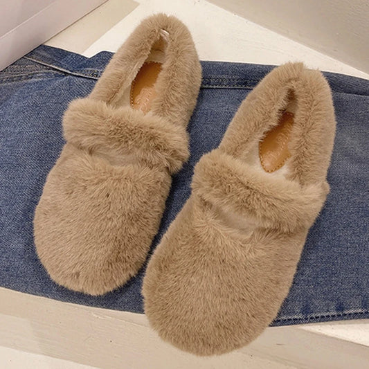 2025 Fairy Fur Belt Mary Jane Shoes Woman Winter Cotton Ballets Rabbit Hair Loafers Femme Warm Fluffy Fur Flats Ladies Mocasines