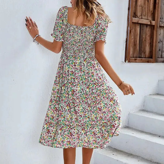 JO | Bohemia Print Dress Women New Summer Midi Dress Puff Sleeves