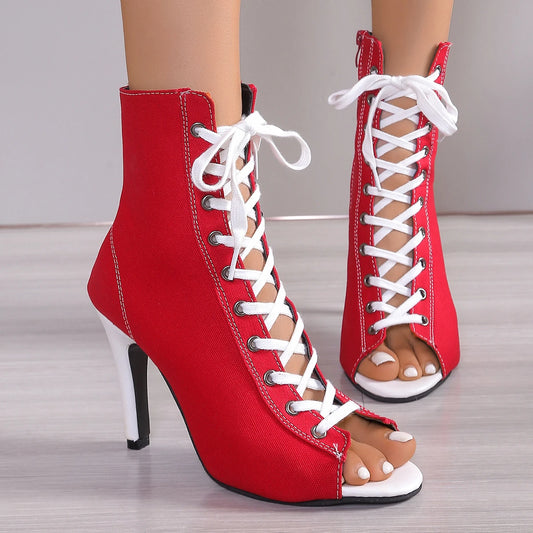Women's Fashion Sandal Boots Thin Heels Peep Toe Side Zipper High Heels Dress Personality Cross-band Straps Zapatillas De Mujer