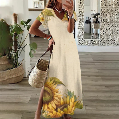 JO | Sunflower Print Floral Graphic Dresses for Women Plus Size Elegant Midi Dress