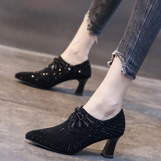 2025 Pointed Toe Heels Women's Colored Diamond Bow Knot Shallow Mouth Side Zipper Thick Heel Commuting New Fashion Spring Autumn