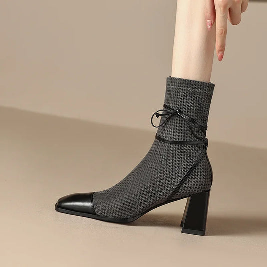 2024 New French Style Square Toe Chunky Heel High Heeled Short Boots for Women Autumn  Winter Single Boots Women Womens Boots