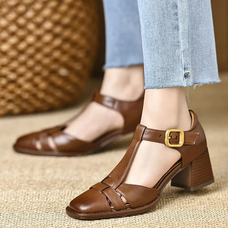 2025 New Fashion Classics Genuine Leather Sandals Woman Thick High Heels Sandals Office Ladies Dress Summer Shoes Heels Women