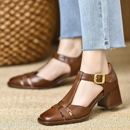 2025 New Fashion Classics Genuine Leather Sandals Woman Thick High Heels Sandals Office Ladies Dress Summer Shoes Heels Women