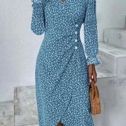 JO | Spring Floral Bodycon Midi Dress for Women V-Neck Long Sleeve