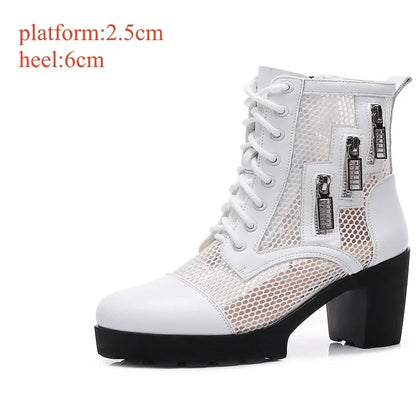 Small Size 32-43 Breathable Mesh Cutout Leather Boots Women's Platform Sandals Summer 2024 Block High Heels Ankle Boots Model