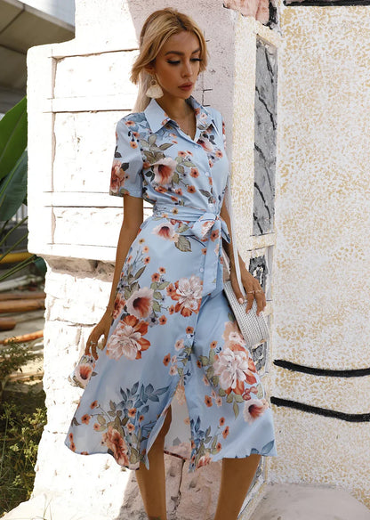 JO | Spring Summer Women Floral Print Midi Dress with Short Sleeves and Turn Down Collar for Casual Party and Outing