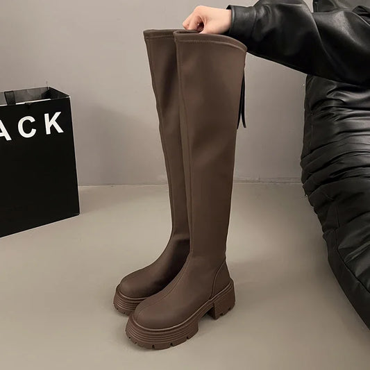 Street Style Platform Heel Women Over the Knee-High Boots Fashion Soft Leather Shoes Autumn Winter Concise Long Botas De Mujer