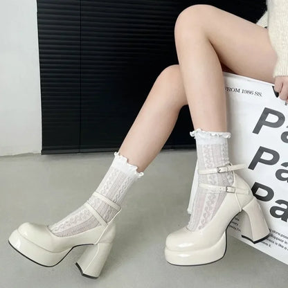 2024 High Heels Women's Spring Autumn Pumps Shoes Red Black Retro Thick Soled  Jane  Ankle Buckle 9cm Chunky