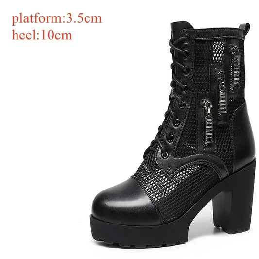 Small Size 32-43 Breathable Mesh Cutout Leather Boots Women's Platform Sandals Summer 2024 Block High Heels Ankle Boots Model