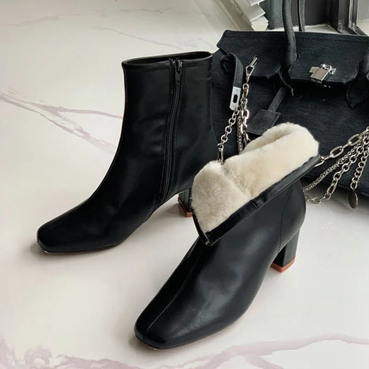 2023 Winter Warm Women Boots Fashion Zippers Thick High Heels Shoes Women Plush Ankle Boots Street Style White Ladies Short Boot