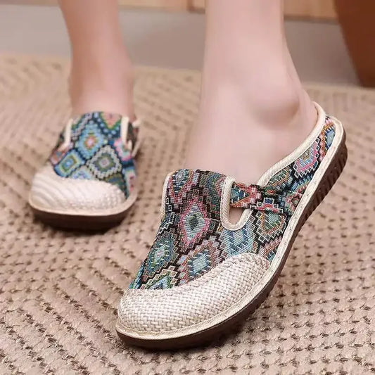 Womens Ethnic Style Slippers Fashion Women Shoe Wedge Cloth Shoes with Soft Soles Walking Shoes Slip-on Mules Zapatilla De Mujer