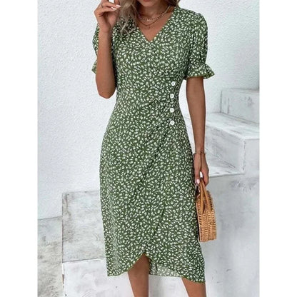 JO | Elegant floral pleated midi dress with puff sleeves and V-neckline