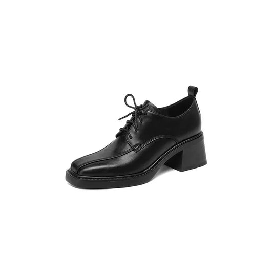 New Spring Autumn Split Leather Women Loafers Square Toe Chunky Heel Lace High Heels Comfort Women Pumps Shoes for Women Silvery