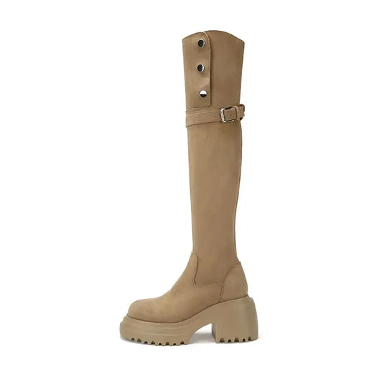 High boots 2024 winter new thick high heels with velvet zipper buckle fashion personality British style women's shoes