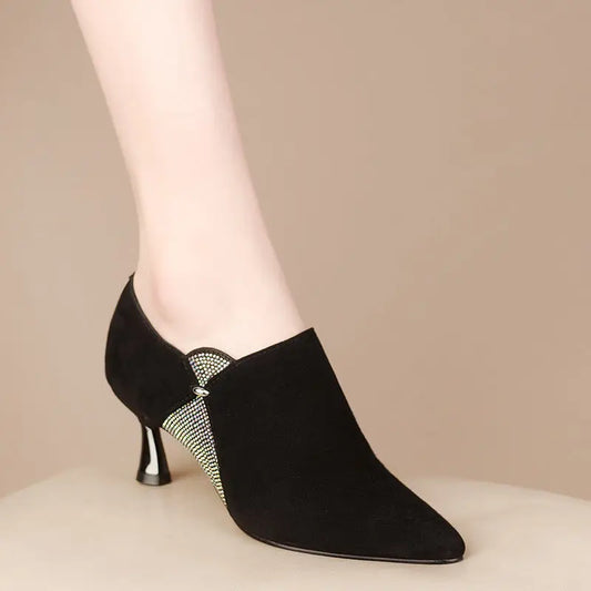 FHC New Flock Mid Heels Woman,Spring/Autumn Rhinestone Shoes,Fashion Women Pumps,Pointed Toe,Side Zip,Black,Dropship