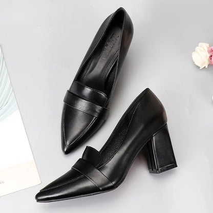 Fashion Women Elegant Simple Black Pumps Soft Sole Square High Heels Pointed Toe Sewing Slip On Office Work Shoes Comfortable