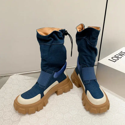Rock Shoes Woman Luxury Designer Flat Heel Boots-Women Round Toe Fashion 2024 Ladies Autumn Med Ankle Slip-On Cotton Fabric Bas