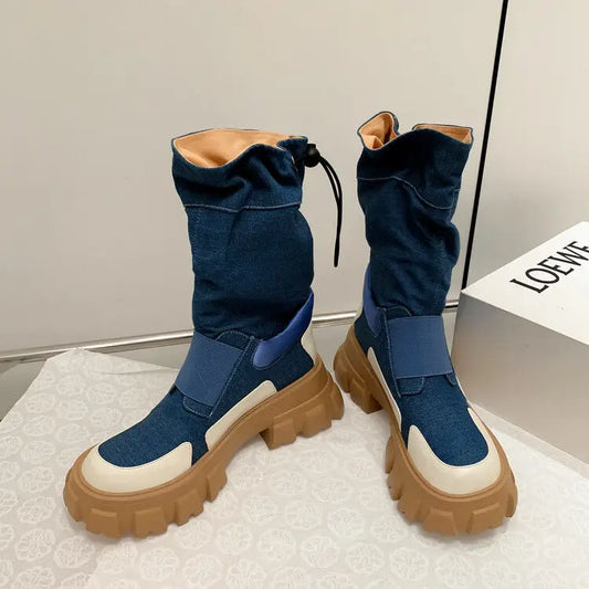 Rock Shoes Woman Luxury Designer Flat Heel Boots-Women Round Toe Fashion 2024 Ladies Autumn Med Ankle Slip-On Cotton Fabric Bas