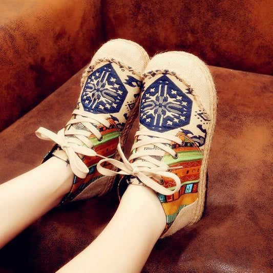 High Top Cotton Embroidered Women Casual Linen Flat Shoes Handmade Lace Up Thick Hemp Soled Canvas Sneakers Zapato Mujer