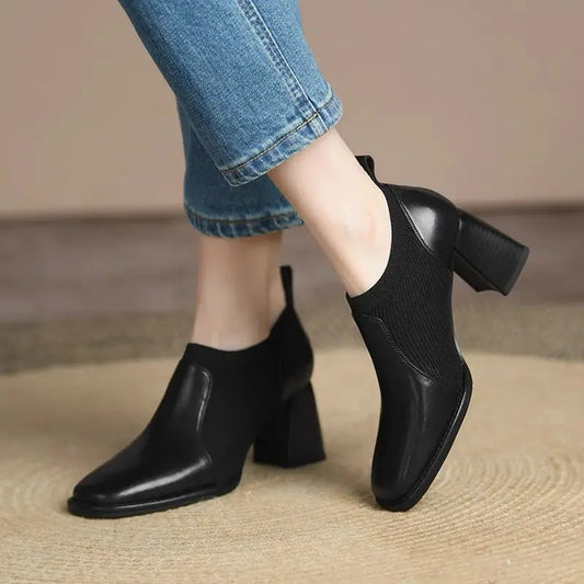 FHANCHU 2022 New Women Retro Naked Boots,Stretch Knitted Autumn Shoes,Slip on,Square High Heels Ankle Botas,Black,Brown.Dropship
