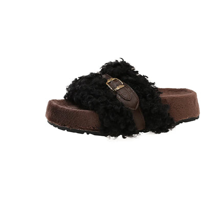 Super popular women's furry slippers, autumn and winter  outer-wear, internet-famous curly fur thick-soled slip-on sandals