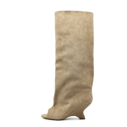 2025 New Peep Toe Long Boots Summer Thick High Heels Women's Knee Boots Large Size Shoes Ladies Slip-on Strange Heels Cool Boots