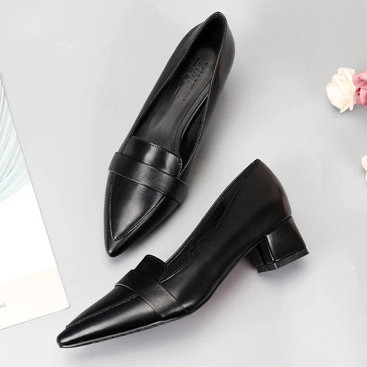 Fashion Women Elegant Simple Black Pumps Soft Sole Square High Heels Pointed Toe Sewing Slip On Office Work Shoes Comfortable