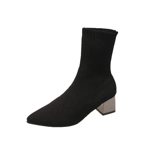 Knitted Women's Ankle Boots 2025 Spring New Fashion Shoes for Women Pointed Toe Elasticity Chunky Heel Sock Short Boots Zapatos