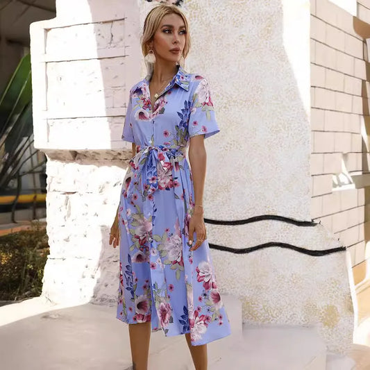 JO | Spring Summer Women Floral Print Midi Dress with Short Sleeves and Turn Down Collar for Casual Party and Outing