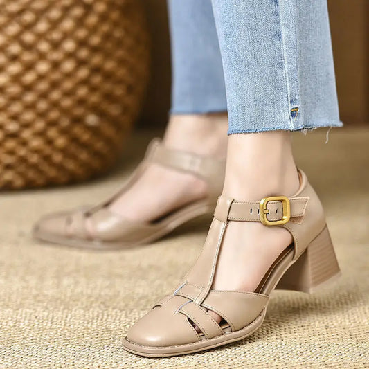 2025 New Fashion Classics Genuine Leather Sandals Woman Thick High Heels Sandals Office Ladies Dress Summer Shoes Heels Women