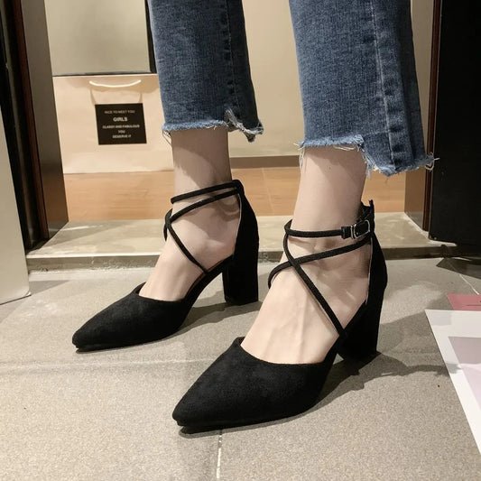 2025 New Spring Autumn Women Heels Ankle Cross Strap Thick High Heel Sexy Female Shoes Casual Suede Black Pointed Toe Pumps