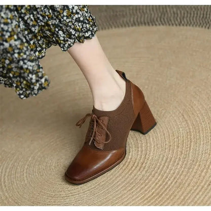 Women Pumps Luxury Leather High Heels New British Style Fashion Square Toe Block Heel Single Shoes Chunky Elastic Leather Shoes