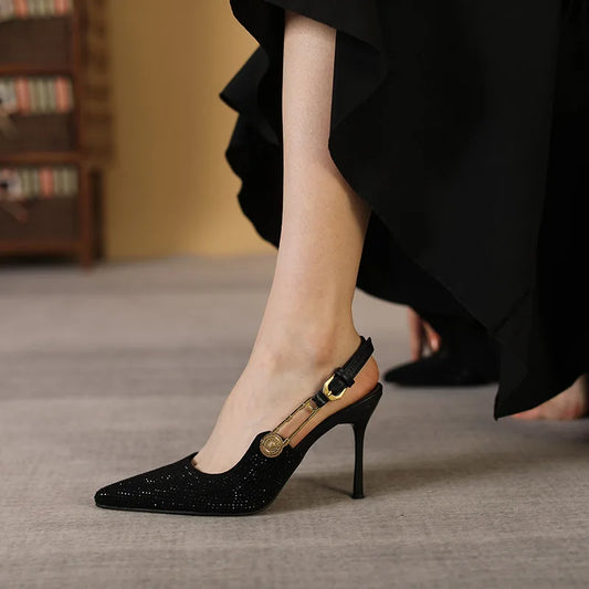 Luxury Rhinestones Sequined Buckle Women Pumps Elegant Pointed toe Slingbacks Stiletto High heels Spring Summer Fashion Shoes 3