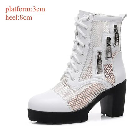 Small Size 32-43 Breathable Mesh Cutout Leather Boots Women's Platform Sandals Summer 2024 Block High Heels Ankle Boots Model
