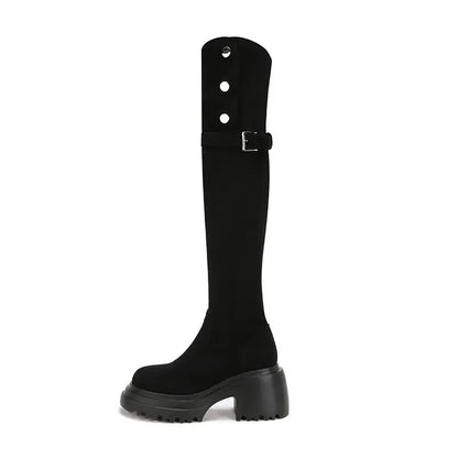 High boots 2024 winter new thick high heels with velvet zipper buckle fashion personality British style women's shoes