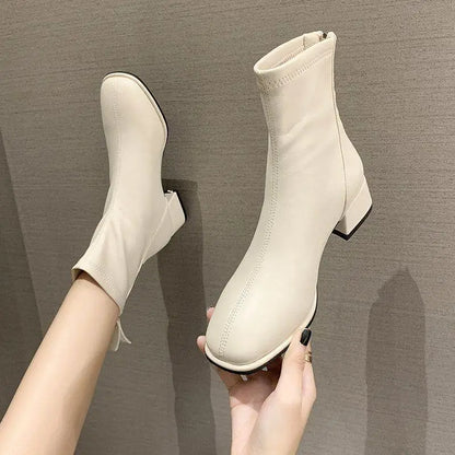 2023 Winter Warm Women Boots Fashion Zippers Thick High Heels Shoes Women Plush Ankle Boots Street Style White Ladies Short Boot