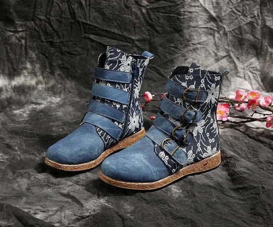 Women Ankle Boots  Autumn New Retro Ethnic Style Printed Metal Buckle Soft Leather Zipper Short Boots Shoes Botines Mujer